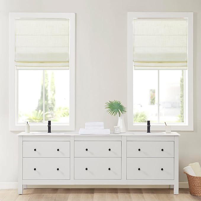 Madison Park Kyler Cordless Roman Shades - Single Panel, Lightweight Linen Blend Fabric, Natural Design, Easy Installation, Light Filtering Window Blind, Bedroom, Living Room Decor 35"W x 64"H Ivory
