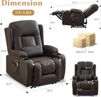 URRED Power Recliner Chair with Massage and Heat for Adults, Electric Reclining Sofa Home Theater Seating with Ambient Light, USB Ports, Cup Holders, Side Pockets, Pillow, Faux Leather, Brown