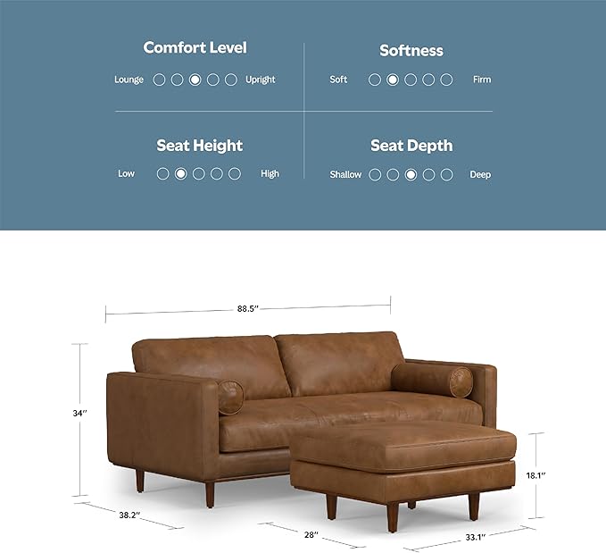 SIMPLIHOME Morrison Mid-Century Modern 89 inch Wide Sofa with Ottoman Set in Caramel Brown Genuine Leather for the Living Room and Family Room
