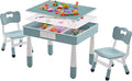 4 in 1 Kids Table and 2 Chairs Set with Storage, Toddler Table and Chair Set for Kids Ages 3-10, Graffiti & Building Blocks Double-Sided Tabletop (Grayish Blue, 2 Chairs)