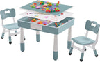 4 in 1 Kids Table and 2 Chairs Set with Storage, Toddler Table and Chair Set for Kids Ages 3-10, Graffiti & Building Blocks Double-Sided Tabletop (Grayish Blue, 2 Chairs)