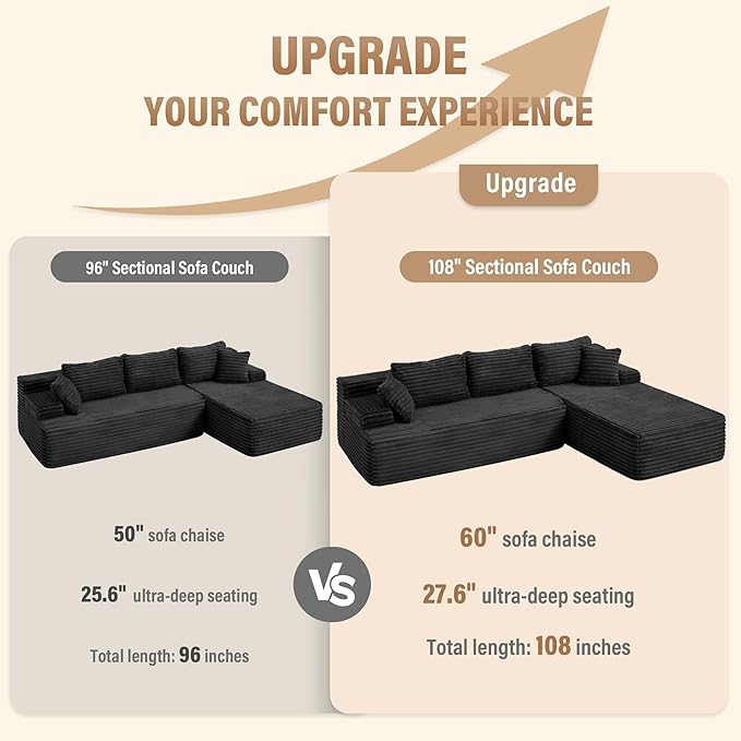 Hobestluk Modular Sectional Couch Sofa, 108" Boneless Couches for Living Room, Memory Foam Sectional Couch with Oversized Chaise,L-Shape Couches (Black, Right Facing)
