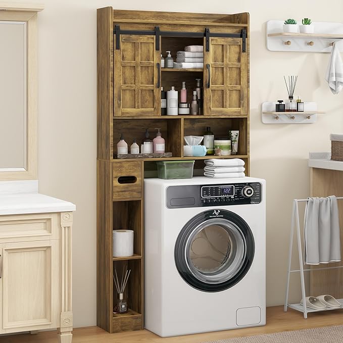 Over The Toilet Storage Cabinet, Farmhouse Storage Cabinet Over Toilet with Sliding Doors，Home Space-Saving Toilet Rack, for Bathroom, Restroom, Laundry. Brown