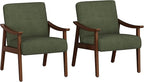 Yaheetech Corduroy Accent Chair, Mid-Century Modern Armchair with Solid Wood Legs, Reading Leisure Chair with High Back for Living Room Bedroom Waiting Room, Set of 2, Dark Green