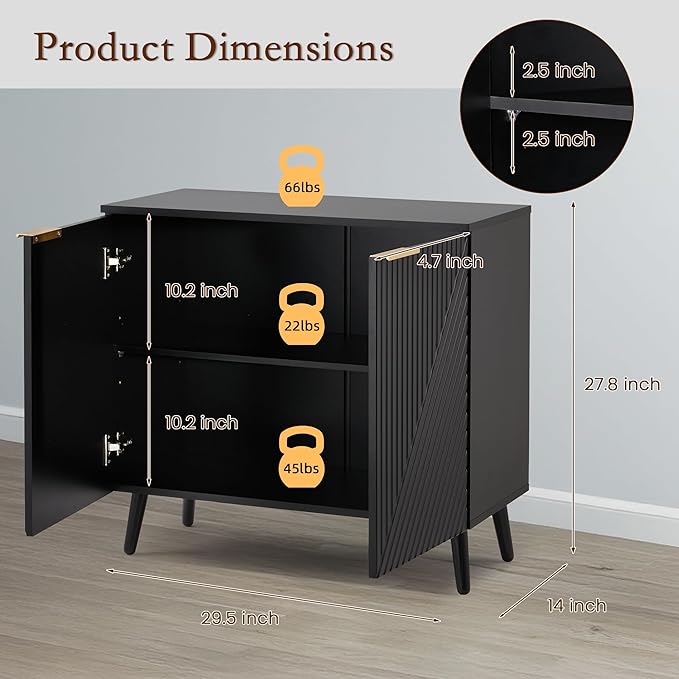 Fluted Storage Cabinet with Doors Set of 2, Wooden Sideboard Buffet Cabinet with Adjustable Shelves, Modern Accent Table for Living Room, Entryway, Black