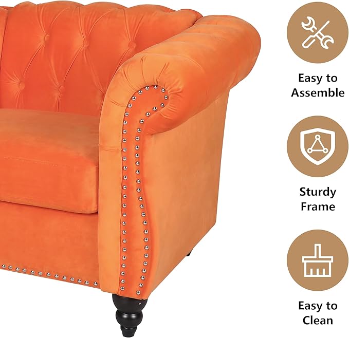 Accent Sofa Chair for Living Room, Mid Century Modern Velvet Upholstered Armchair, Oversized Comfy Single Couch Chair with Cushion, Tufted Chesterfield Sofa Couch for Home, Bedroom, Apartment (Orange)