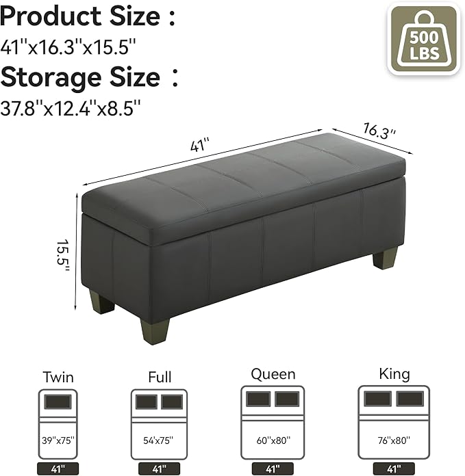 41" Faux Leather Storage Ottoman, Stitch Tufted Rectangle Upholstered End of Bed Storage Bench, Entryway Large Couch Ottoman with Wooden Legs,Dark Grey