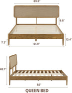 NTC Lupin Wooden Bed Frame with Headboard, Solid Oak and Rubber Wood Foundation with Silent Slats and Wood Central Supports, 1000 Lb Capacity, Queen - Teak Look