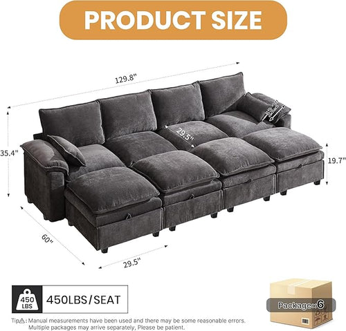 130" U Shaped Modular Sectional Sofa, Couch with Ottoman Storage, Chenille Cloud Couch with Plush Deep Seating for Living Room, Bedroom (8 Seat, Grey)