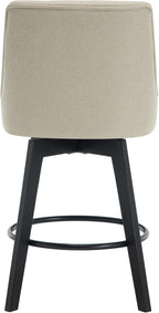 MINCETA Set of 2 Upholstered Bar Stools - 26 Inch Swivel Counter Height Stools with Low Tufted Back, Footrest & Performance Fabric - Khaki Round Seat for Kitchen Island & Home Bar