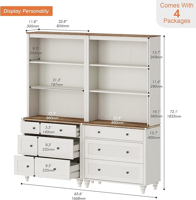 3 Tier Bookshelf with 3 Drawers, 72" Tall Bookcase Large Farmhouse Display Book Case Shelf with 3-Tier Open Book Shelfs，Library Wood Bookshelves for Living Room & Kitchen & Bedroom, Off White, 2 PCS