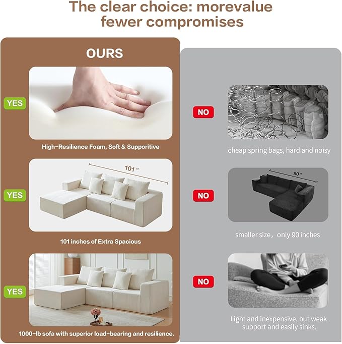 101" Cloud Couch for Bedroom,Boneless Couch with Oversized Chaise,4-Seat Chenille Deep Seat Sofa with 5-Pillows for Living Room,Corduroy Sofa in A Box,Beige