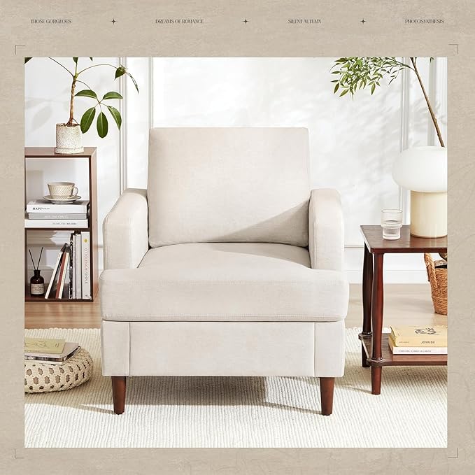 Mid-Century Accent Chair,Modern Linen Fabric Armchair for Living Room,Comfy Upholstered Reading Accent Chairs for Bedroom,Single Sofa Chair with Wood Legs (Beige, 2 Pack)
