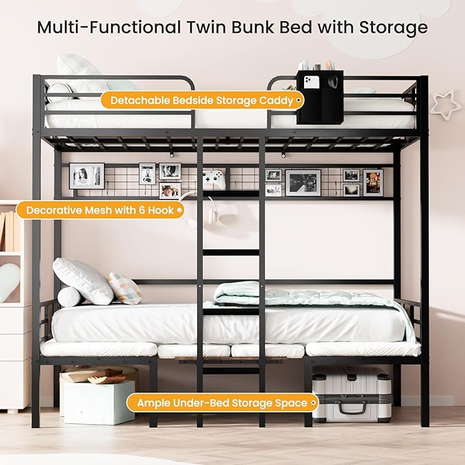 Twin Over Twin Bunk Bed, Convertible Twin Bunk Bed w/Desk & Storage & 2 Seat, Heavy Duty Metal Twin Loft Bed Frame with Safety Guardrails & EVA Padded Ladder for Teens(Cushion not Included)