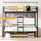 Twin Over Twin Bunk Bed, Convertible Twin Bunk Bed w/Desk & Storage & 2 Seat, Heavy Duty Metal Twin Loft Bed Frame with Safety Guardrails & EVA Padded Ladder for Teens(Cushion not Included)
