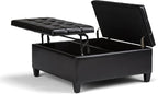 SIMPLIHOME Harrison 36 inch Wide Transitional Square Coffee Table Storage Ottoman in Midnight Black Vegan Faux Leather, Assembled, For the Living Room and Bedroom