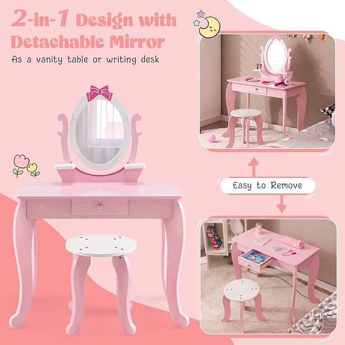 KOTEK Pink Kids Vanity Set, 2-in-1 Makeup Vanity Desk with Detachable Top & 360° Rotating Mirror, Stool and Drawer, Bow Pattern for Little Girls, Princess Dressing Table for Toddler 3-7