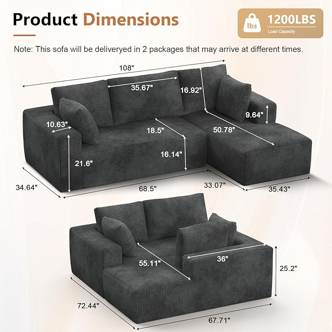 108” Cloud Sectional Couch, Modular Sectional Sofa with Deep Seat, Corduroy Boneless Couches with Chaise for Living Room Bedroom, No Assembly Required