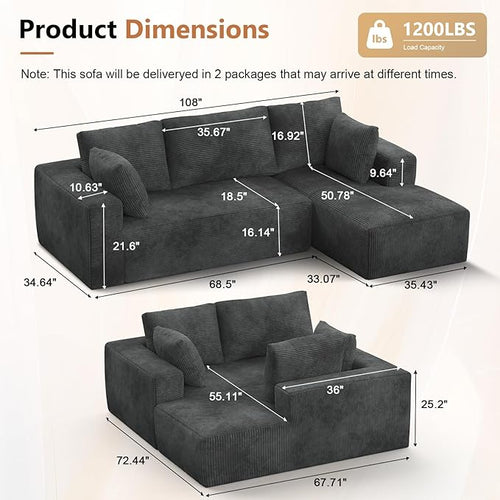 108” Cloud Sectional Couch, Modular Sectional Sofa with Deep Seat, Corduroy Boneless Couches with Chaise for Living Room Bedroom, No Assembly Required