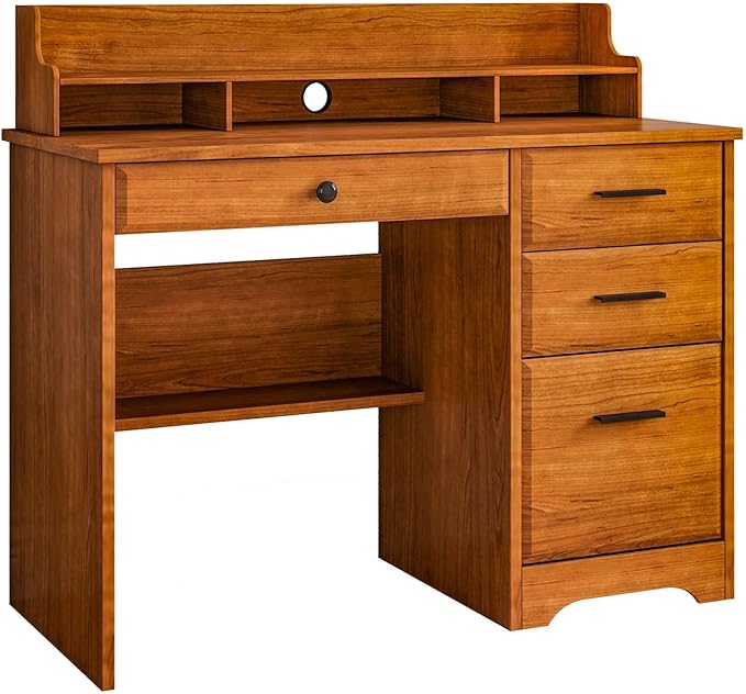 4 EVER WINNER Computer Desk with Drawers for Small Spaces, Wood Desk with File Cabinet & Monitor Stand, Office Desks Writing Study Table for Bedroom, Brown