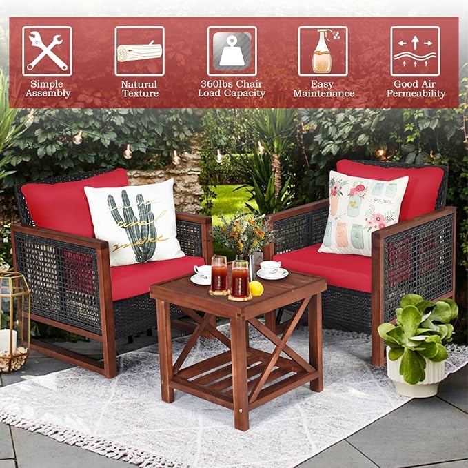 COSTWAY 3 Pieces Wicker Patio Furniture Set, Outdoor Wicker Sofa with Acacia Wood Frame, Coffee Table & Washable Cushions, Rattan Conversation Sets for Yard, Porch, Bistro, Balcony, Backyard, Red