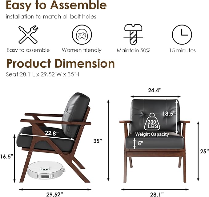 STHOUYN Black Leather Office Accent Chair Set of 2, Office Lounge Chair with Wooden Arms, Mid Century Modern Chair, Side Arm Chairs for Living Room, Comfy Guest Waiting Room Chairs (2, Black)