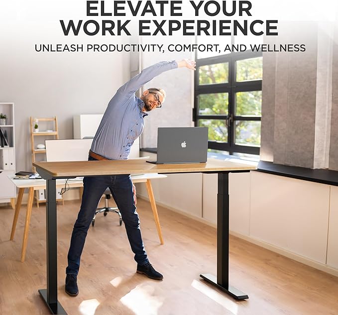 Uncaged Ergonomics Rise Up Electric Standing Desk Adjustable Height 24-49" Dual Motor One Piece 60x30 Bamboo Large Standing Table, Sit Stand Rising Desk Home Office