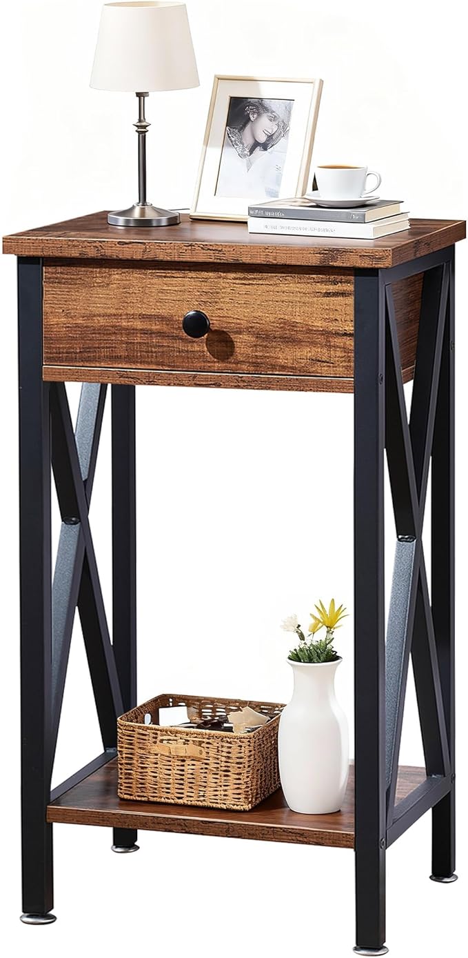 VECELO Modern Versatile Nightstands X-Design Side End Table with Storage Basket Night Stand Storage Shelf for Living Room Bedroom