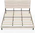WLIVE King Size Upholstered Bed Frame, Velvet Square Tufted Headboard, Sturdy Metal & Wooden Slats Support, No Box Spring Needed, Beige