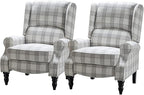 HULALA HOME Upholstered Wingback Recliner Chair Set of 2, Small Adjustable Footrest Push Back Single Reclining Sofa, Mid Century Modern Lounge Armchair for Living Room, Bedroom, Reading/Plaid Grey