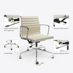 Ribbed Office Chair with Top Grain Leather - Mid Back Ergonomic Desk Chair with Aluminum Arms & Frame, Swivel Wheels & Tilt Function, Adjustable Height