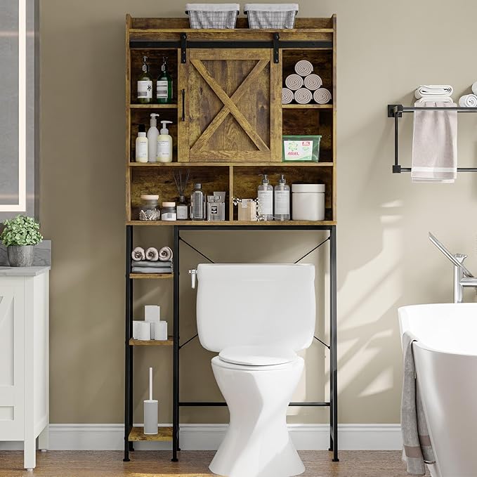Over The Toilet Storage Cabinet, Farmhouse Storage Cabinet Over Toilet with Sliding Barn Door,Home Space-Saving Toilet Rack, for Bathroom, Restroom, Laundry.Brown.