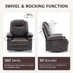 Oversized Swivel Rocker Recliner Sofa Chair with Heat and Massage, 360 Degree Swivel Single Sofa with Cup Holders and USB Port, Big Recliner Chair for Living Room(Leather, Chocolate Brown)