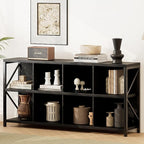 8 Cube Storage Organizer Bookshelf, Industrial Horizontal Bookcase, Accent Cubby Shelf, Media Console Table for Living Room, Home Office, 13.6" D x 63" W x 30.9" H, Black