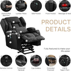 Power Lift Recliner Chair for Elderly, Electric PU Leather Reclining Single Sofa with Massage & Heat, Side Pocket, Cup Holders and USB/Type-C Charge Port for Living Room (Black)