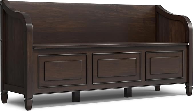 SIMPLIHOME Connaught Entryway Storage Bench - 56 inch Wide Solid Wood Wide Storage Seat in Chestnut Brown, Traditional Bench for Entryway or Living Room with Lift-Up Lid and Paneled Front