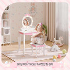 TOLEAD Girls Vanity with Lights, Mirror and Stool, Kids Make Up Vanity Set with Storage Space, Wing Pattern for Little Girls, Toddler Princess Makeup Dressing Table with Chair Set, White