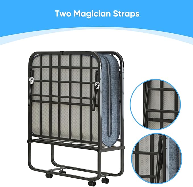 Mjkone Folding Bed with Mattress, 5 Inch Rollaway Bed for Adults, Fold Up Beds with Lockable Wheels, Sturdy Metal Fold Away Frame for Bedroom/Guest, Space Saving（75" x 31"）