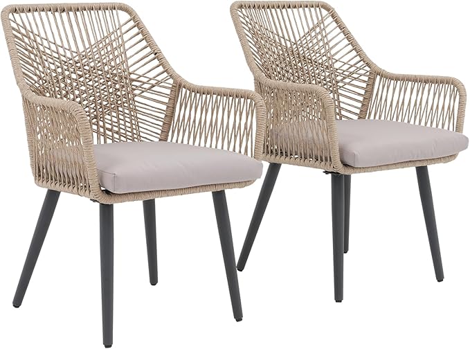 JOIVI Outdoor Dining Chairs Set of 2, 2 Pieces Woven Rope Patio Chairs with Armrest and Seat Cushions for Outside Porch, Balcony or Indoor Kitchen, Restaurant, Tan
