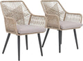 JOIVI Outdoor Dining Chairs Set of 2, 2 Pieces Woven Rope Patio Chairs with Armrest and Seat Cushions for Outside Porch, Balcony or Indoor Kitchen, Restaurant, Tan