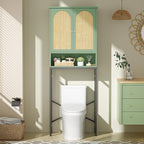 Rattan Toilet Storage Cabinet, Over The Rack Wood Cabinet with Metal Stand, Bathroom Organizer with Adjustable Shelf, Space Saving Cupboard for Small Bathrooms, Washer Shelf, Green