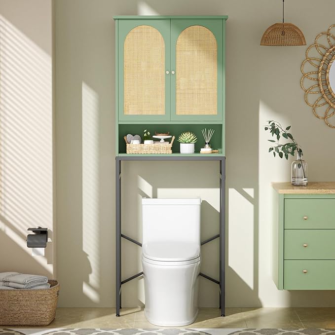 Rattan Toilet Storage Cabinet, Over The Rack Wood Cabinet with Metal Stand, Bathroom Organizer with Adjustable Shelf, Space Saving Cupboard for Small Bathrooms, Washer Shelf, Green