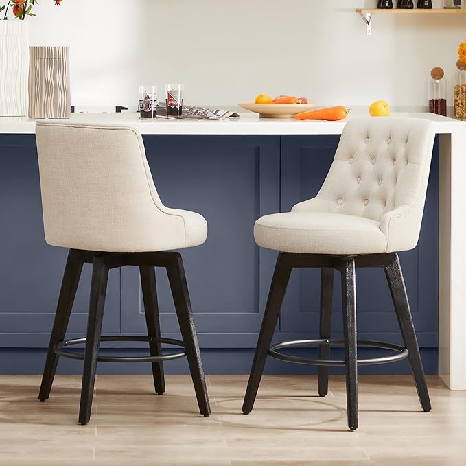 Watson & Whitely Modern Swivel Bar Stools, Faux Leather Upholstered Counter Height Bar Stools with Back, Solid Wood Legs, 26" H Seat, Set of 2, Chocolate
