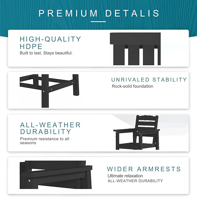 7 Piece Patio Dining Set with 11ft Patio Umbrella (Dark Green), 7 Black Outdoor HDPE Dining Set with 6 Chairs + 1 Large Table, for Market, Pool, Garden, Backyard, Deck