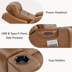 Watson & Whitely Oversized Genuine Leather Power Recliner Chairs for Big and Tall, Extra Wide Lay Flat Recliner with Power Headrest & Cup Holders, Electric Reclining Sofa for Living Room, Saddle