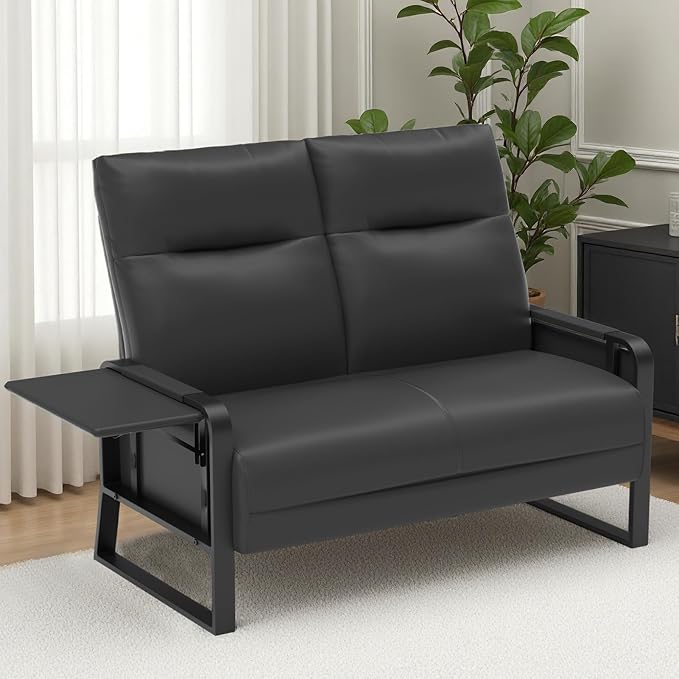 Faux Leather Loveseat, Upholstered Loveseat with Side Tray Table & Storage Pocket, Small Loveseat for Living Room, Modern 2 Seater Sofa Couch for Small Spaces, Bedroom, Black
