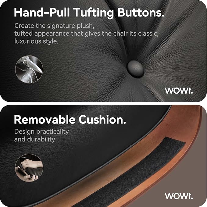 Top Black Grain Leather, Mid Century Chaise Lounge Chair and Ottoman, Modern Chair Classic Design, Palisander Wood, Heavy Duty Base Support for Living Room Office