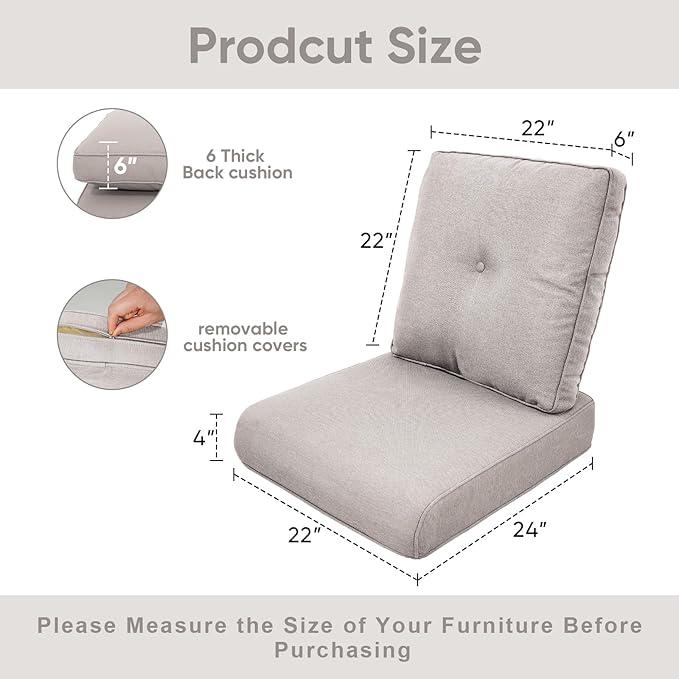 Patio Chair Cushions 6 Packs - Outside High Back Thick Water-Resistant Cushion 22x24 with Zipper Cover for Outdoor Glider Rocking Chairs Loveseat 3-Seater Couch Sofa – Beige/Buckle