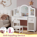 Arlopu Kids Vanity Set, 2 in 1 Toddler Makeup Dressing Table and Chair Set w/Detachable Tri-fold Mirror, Open Shelves, Princess Wooden Pretend Play Desk Furniture Toy for Little Girl (White)