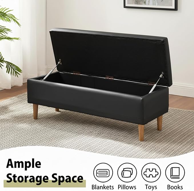 VECELO 44.5" Storage Ottoman Bench, End of Bed Bench with 2 Machined Gas Spring Lid Supports, PU Leather Upholstery & Solid Wood Legs for Living Room, Bedroom, Entryway, Modern Black